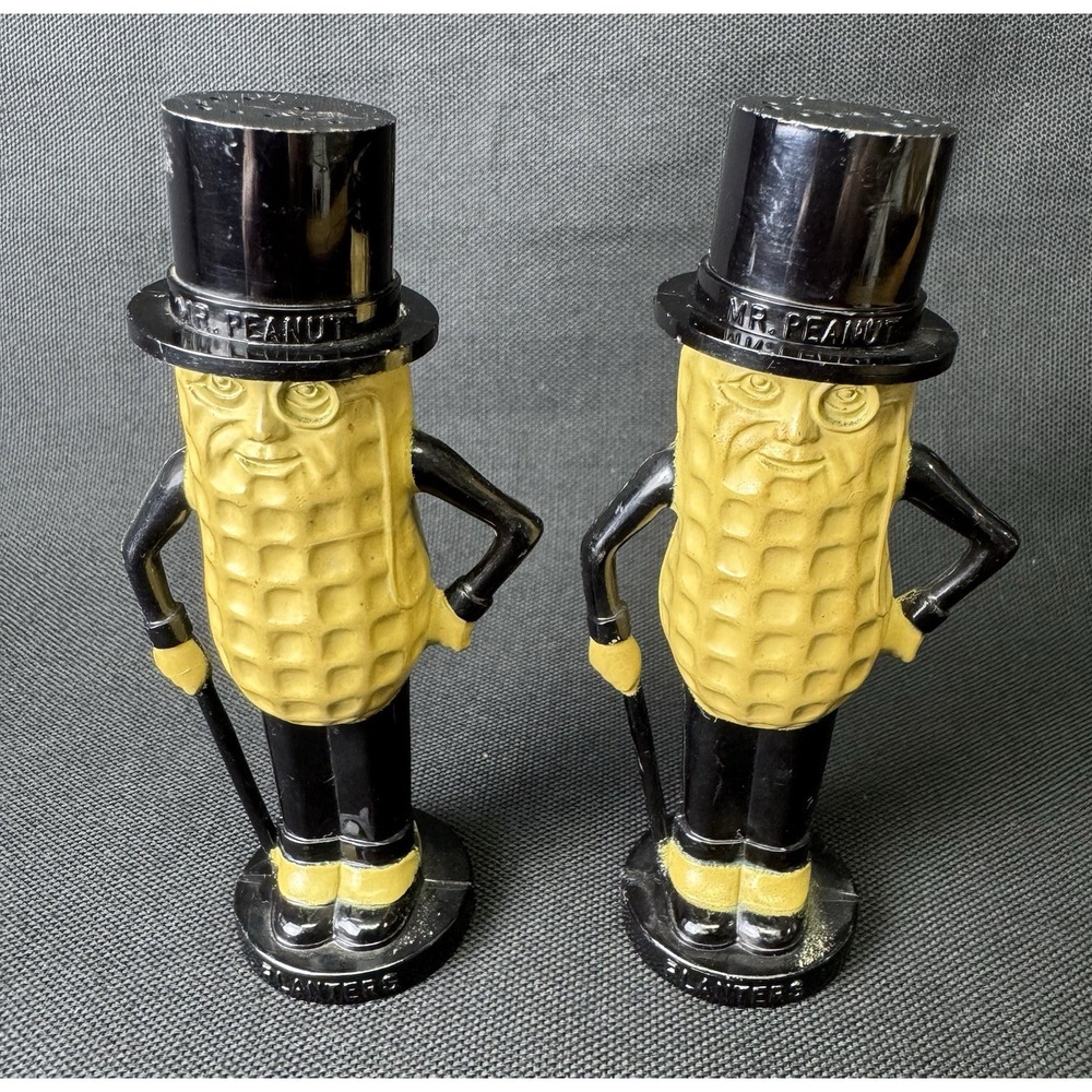 Planters Mr. Peanut Salt & Pepper Plastic Shakers 4" Tall 1950s Advertising